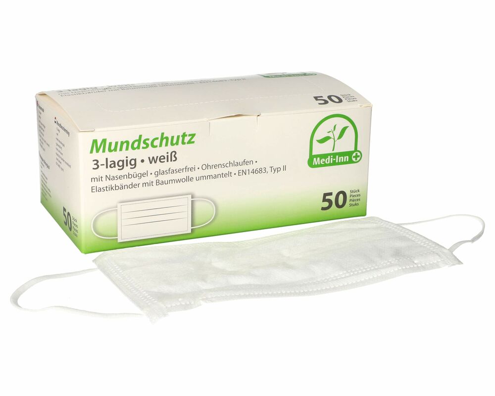 Mundschutzmasken 3-lagig Vlies 9 cm x 17-5 cm weiss medizinisch und HACCP- 50 Stk-